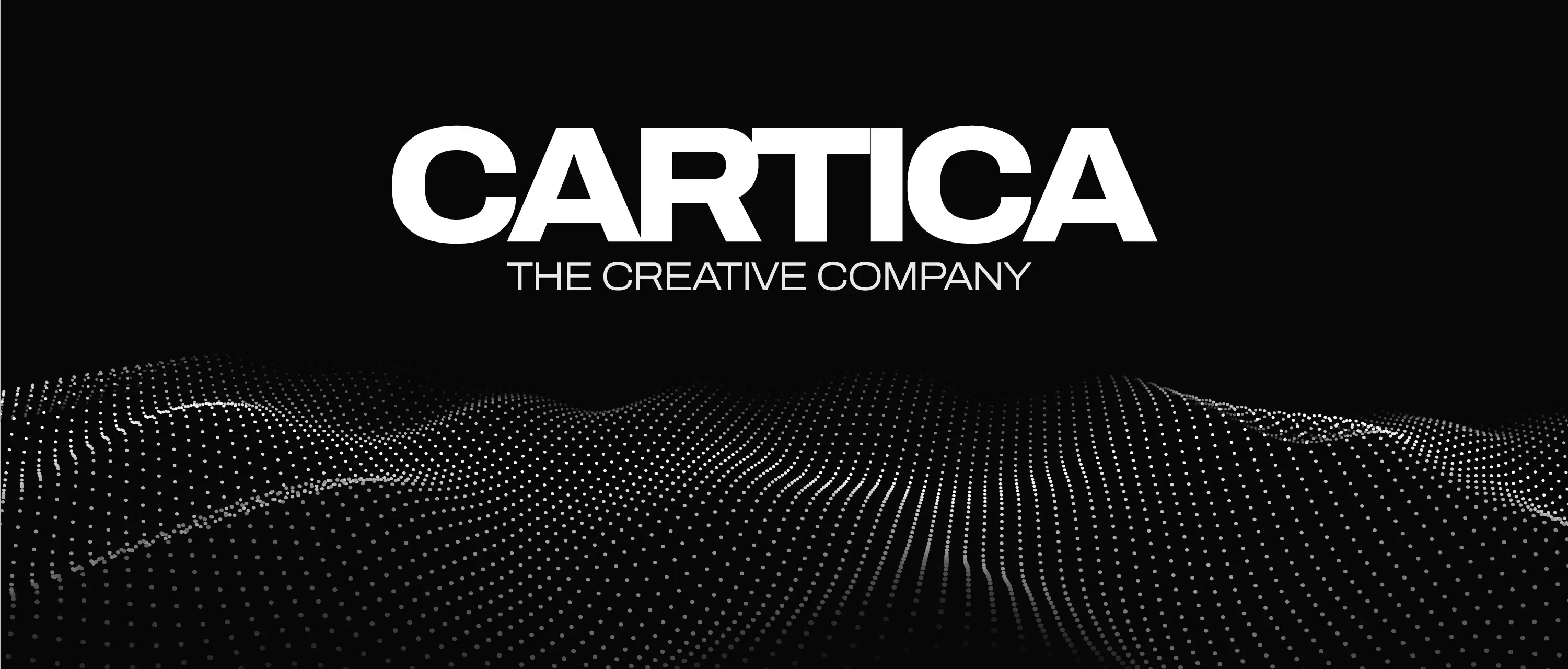 Cartica main branding image featuring a black background, white lettermark, and a stylized wave of dotted patterns.